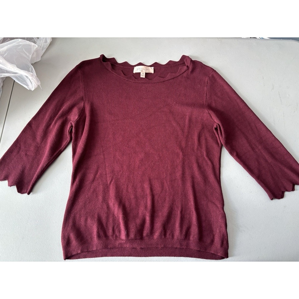 PHILOSOPHY Sweater Womens Petite M Red 3/4 Sleeve Scalloped Neck